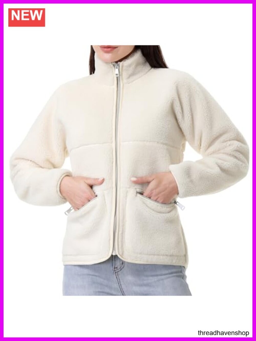 Long Sleeve Zip Up Sherpa Coat Soft Polar Fleece Jacket with Zipper Pockets - Picture 3 of 4